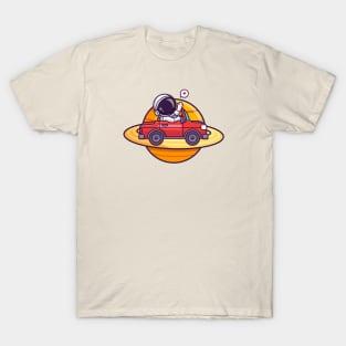 Cute Astronaut Driving Car On Saturn Planet Cartoon T-Shirt